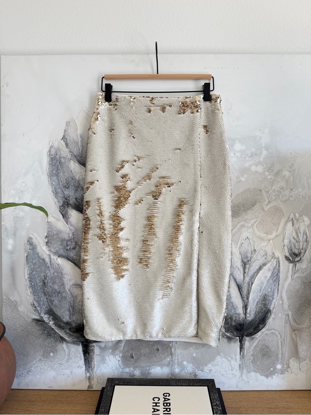 Chelsea & Violet Ivory Sequin Pencil Skirt with Gold Accents